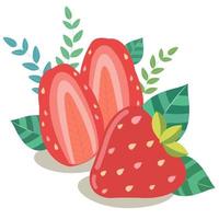 moitiés de fraises fraîches aux feuilles vertes vecteur