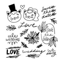 doodle ornements floraux de mariage et collection de personnages vecteur