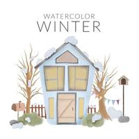 paysage d'hiver avec style peint à la main de la maison et de l'arbre vecteur