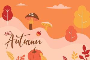 bonjour automne champignon rustique, citrouille, paysage de feuillage vecteur
