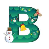 lettre b alphabet police mignon joyeux noël concept gui cloche bonhomme de neige arbre de noël caractère police noël élément dessin animé vert 3d papier couche découpe carte illustration vectorielle vecteur