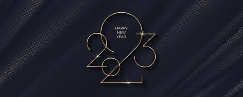 Logo du nouvel an 2023 sur fond de vagues abstraites de textile noir. conception de voeux de luxe de nouvel an pour affiche, flyer, invitation, carte postale, publicité. vecteur