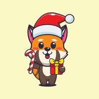 joli panda rouge tenant des bonbons et des cadeaux de noël. illustration de dessin animé de noël mignon. vecteur