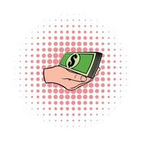 main avec l'icône de billets d'un dollar, style bande dessinée vecteur