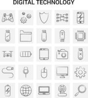 25 jeu d'icônes de technologie numérique dessinés à la main fond gris vecteur doodle