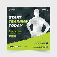 conception d'affiche promotionnelle d'entreprise de gym moderne avec des espaces réservés pour photo. les modèles d'offre de réduction de séance d'entraînement de gym avec des couleurs vertes et jaunes. vecteur de publication de médias sociaux de gym fitness professionnel