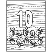 numéro dix page d'apprentissage à colorier, fruits et nombre en trois dimensions avec un fond rayé pour l'activité des enfants vecteur