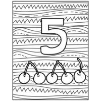 page d'apprentissage numéro cinq coloriage, fruit et figure volumétrique avec un fond rayé pour l'activité des enfants vecteur