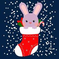 joyeux noël.joli lapin dans une chaussette de noël sur fond de flocons de neige. lapin en bas. vecteur