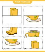 faire correspondre les moitiés. associez les moitiés de bottes en caoutchouc et la tasse à thé. jeu éducatif pour enfants, feuille de calcul imprimable, illustration vectorielle vecteur