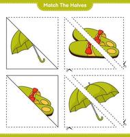 faire correspondre les moitiés. associez les moitiés des pantoufles et du parapluie. jeu éducatif pour enfants, feuille de calcul imprimable, illustration vectorielle vecteur