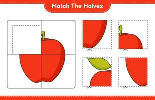 faire correspondre les moitiés. faire correspondre les moitiés de pomme. jeu éducatif pour enfants, feuille de calcul imprimable, illustration vectorielle vecteur