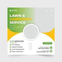 vecteur de publication de médias sociaux de service de pelouse et de jardinage. modèle de publicité de service agricole avec des couleurs jaunes et vertes. vecteur de bannière web promotionnelle d'entreprise de tondeuse à gazon avec des formes abstraites.