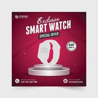 conception exclusive de bannières Web promotionnelles smartwatch avec des couleurs rouges et bleues. modèle de remise de vente d'horloge et de gadget pour le marketing en ligne. vecteur de publication de médias sociaux de vente de montre-bracelet.