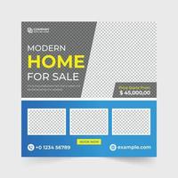 vecteur de modèle d'entreprise de vente de maison moderne avec des formes abstraites. bannière web de promotion d'entreprise immobilière minimaliste avec des couleurs bleues et jaunes. vecteur de publication de médias sociaux de vente à domicile.