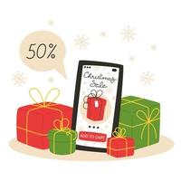 vente de noël et achats en ligne à l'aide d'un smartphone vecteur