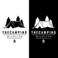 logo de modèle de tente de camping ou de camping en plein air vintage et rétro.avec tente, arbres et signe de feu de camp.camping pour les aventuriers, les scouts, les grimpeurs. vecteur