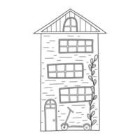 jolie maison simple à trois étages et scooter dans le style croquis doodle. vecteur