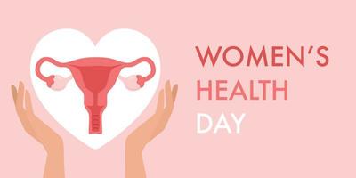 bannière de la journée de la santé des femmes. illustration utérus dans les mains. vecteur