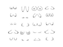 illustration de doodle de poitrine de femme. différents types de seins et de seins de femme vecteur