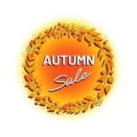 publicité de vente d'automne, avis, badge, autocollant. lettrage dessiné à la main et belle couronne dorée faite de feuilles d'automne, de brindilles et de baies. élément de design élégant inspiré de la nature à vendre des impressions vecteur