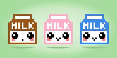 lait de boîte de doodle. adorables pixels au lait, goût vanille, marron et fraise. illustration de vecteurs pixel art. vecteur