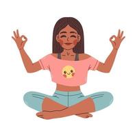 jeune femme noire assise dans la pose de lotus de yoga. illustration de fille méditant. yoga femme, méditation, anti-stress vecteur