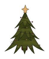 noël, nouvel an arbre isolé. arbre de vacances dessiné à la main avec guirlande et étoile. illustration vectorielle d'hiver vecteur