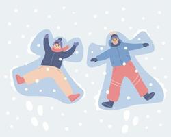 deux enfants faisant des anges de neige. plaisir d'hiver, activité. amis jouant dehors. illustration vectorielle plane. vecteur