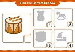trouver la bonne ombre. trouver et faire correspondre l'ombre correcte du tambour. jeu éducatif pour enfants, feuille de calcul imprimable, illustration vectorielle vecteur