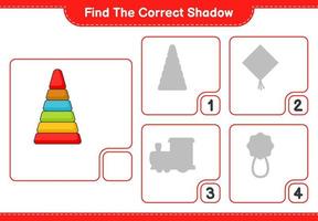 trouver la bonne ombre. trouver et faire correspondre l'ombre correcte du jouet pyramide. jeu éducatif pour enfants, feuille de calcul imprimable, illustration vectorielle vecteur