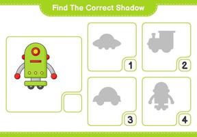 trouver la bonne ombre. trouver et faire correspondre l'ombre correcte du personnage du robot. jeu éducatif pour enfants, feuille de calcul imprimable, illustration vectorielle vecteur