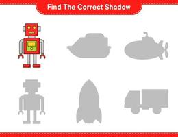 trouver la bonne ombre. trouver et faire correspondre l'ombre correcte du personnage du robot. jeu éducatif pour enfants, feuille de calcul imprimable, illustration vectorielle vecteur