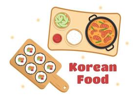 menu de cuisine coréenne de divers plats de cuisine délicieuse traditionnelle ou nationale en illustration de modèles dessinés à la main de dessin animé plat vecteur
