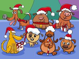 Groupe de personnages de chiots de dessin animé au moment de Noël vecteur