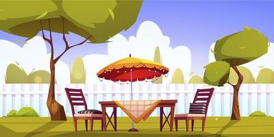 jardin avec clôture, table, chaises, parasol vecteur