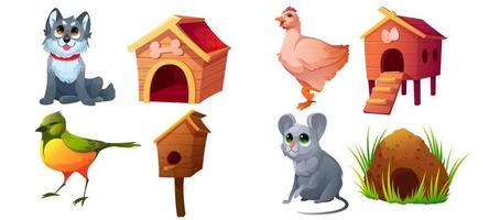 animaux et habitats, chien, oiseau, poulet, souris vecteur