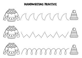tracer des lignes pour les enfants. pull et bonnet d'hiver. feuille de travail en noir et blanc. vecteur
