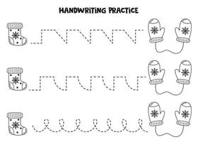 tracer des lignes pour les enfants. chaussettes et mitaines de noël. feuille de travail en noir et blanc. vecteur