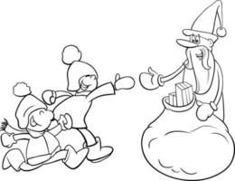 dessin animé père noël donnant des cadeaux de noël aux enfants coloriage vecteur
