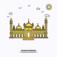 modèle d'affiche de monument de la mosquée badshahi voyage dans le monde fond d'illustration jaune dans le style de ligne avec la scène de la nature de beauté vecteur