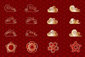 nuage asiatique rouge et or et ensemble de fleurs géométriques vecteur