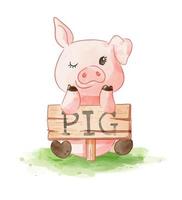 dessin animé mignon cochon tenant une pancarte en bois vecteur