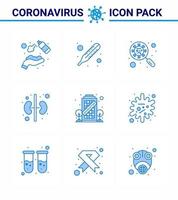 ensemble d'icônes covid19 pour l'infographie 9 pack bleu tel que la construction du virus de l'analyse des reins humain grossissant coronavirus viral 2019nov éléments de conception de vecteur de maladie