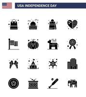 joyeux jour de l'indépendance pack de 16 signes et symboles de glyphes solides pour le drapeau américain pays blanc américain modifiable éléments de conception vectoriels usa day vecteur