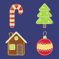 clipart de Noël en style cartoon. éléments de décor canne en bonbon, arbre de noël, maison, jouet. ensemble d'autocollants. illustration vectorielle colorée isolée sur fond sombre. vecteur