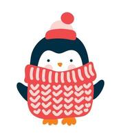 Joli bébé pingouin de noël vecteur d'hiver en pull rouge tricoté et chapeau en style cartoon. isolé sur fond blanc illustration plate