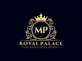 lettre mp logo victorien de luxe royal antique avec cadre ornemental. vecteur