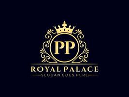 lettre pp logo victorien de luxe royal antique avec cadre ornemental. vecteur