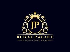 lettre jp logo victorien de luxe royal antique avec cadre ornemental. vecteur